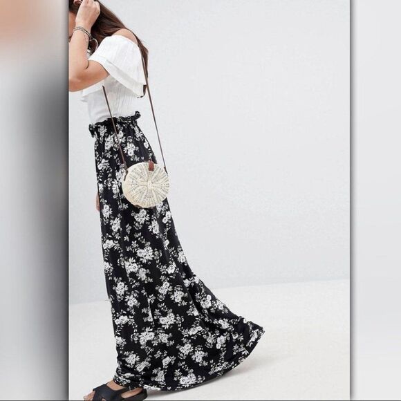 Tall Paper Bag Waist Floral Maxi Skirt long Black White Classic Neutral - Picture 1 of 3